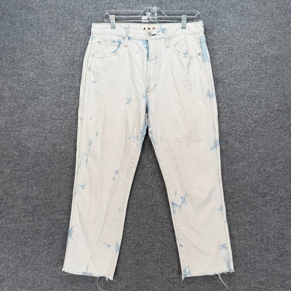 AMO Loverboy Jeans Womens 30 Bue Bleach Out Raw Hem High Rise Straight Leg Denim